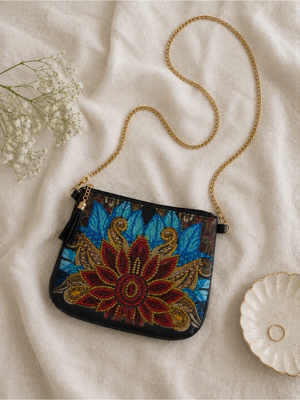 Vintage Mandala Rhinestone Faux Leather Crossbody Bag Gold Chain Boho